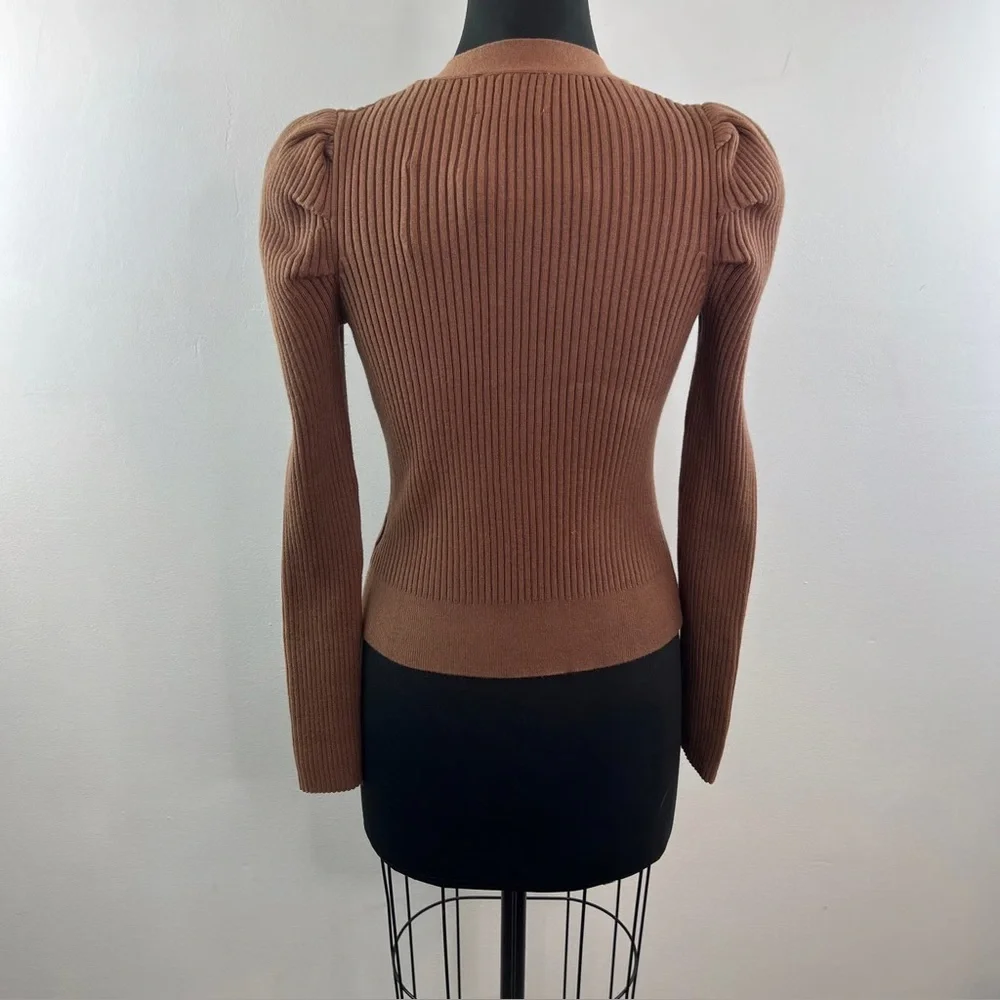 Brown Industry Cardigan with fabric buttons and puff shoulders BNWOT - Picture 3 of 9